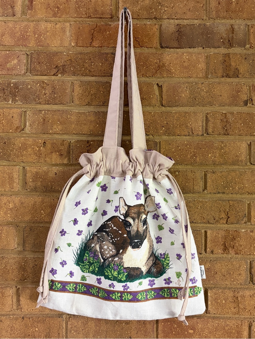Fawn & Wildflower / Linen Drawstring Tote Bag / Handmade / Vintage Print